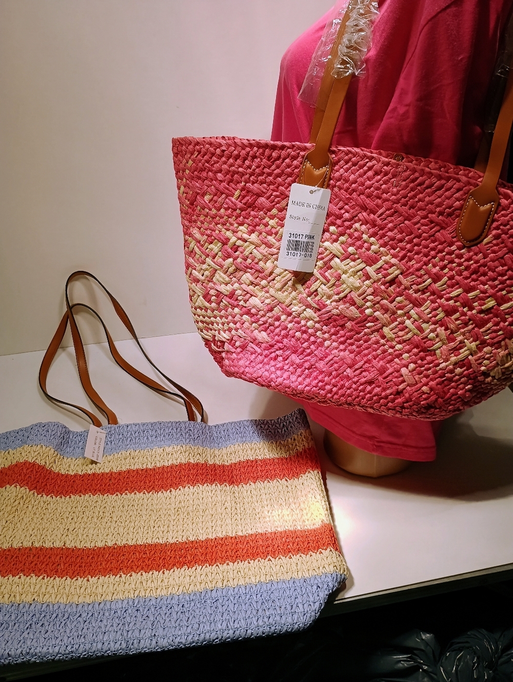 Woven Pink Straw Tote Bag With Faux Leather Straps And Stripe Bag